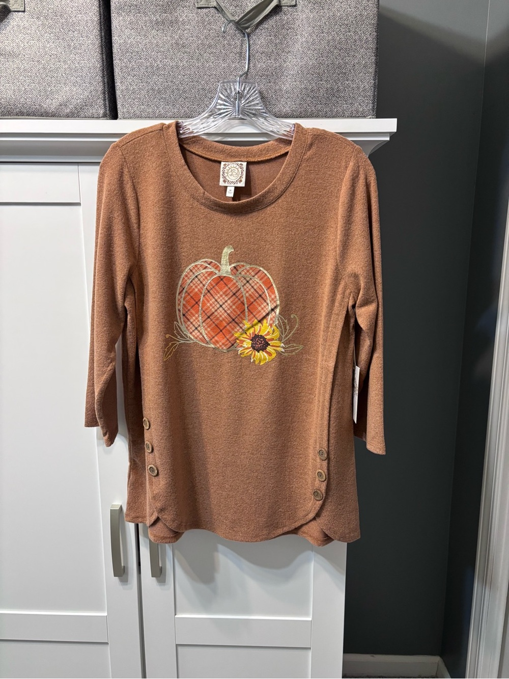 Women's Rust Brown Plaid Pumpkin Graphic Long Sleeve Top by Tru Self NWT Size M